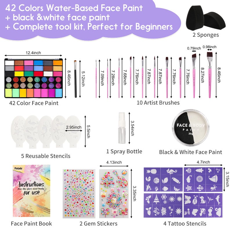 PINTADA 42 Color Face Painting Kit for Kids + 30g Black & White - Non Toxic Water Activated Face paint palette with Stencils, Brushes, Gems - For Halloween Makeup, Carnival, Parties & Cosplay - Image 2