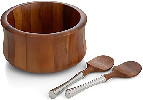Nambe nambe Nara Salad Bowl with Servers  3Pc Set  Wooden Salad Bowls with Serving Utensils  Big Mixing Bowl for Fruits Salad Pasta  105 Diameter x 55 Height  Made of Acacia Wood 