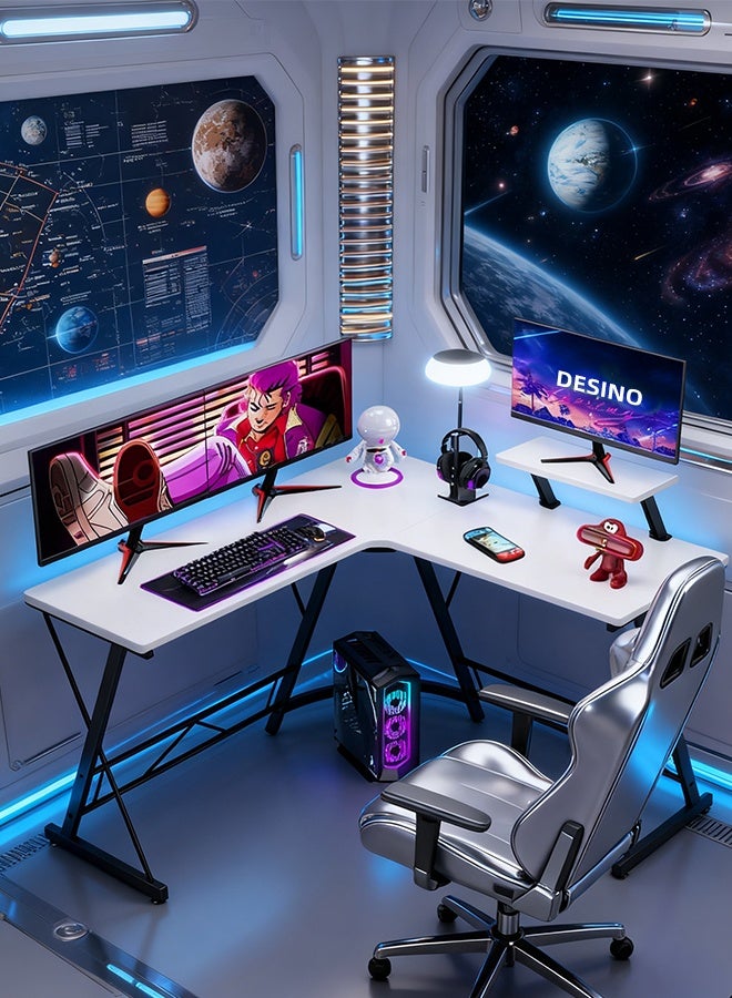 قف مكتب ألعاب على شكل حرف L، مكتب زاوية للكمبيوتر، مكتب منزلي كبير، طاولة ألعاب، مكتب كتابة متين، طاولة دراسة عصرية، محطة عمل مكتبية بسيطة، 130*75*50 سم (أبيض) - Image 3