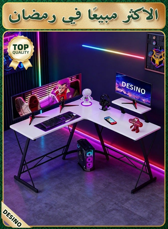 قف مكتب ألعاب على شكل حرف L، مكتب زاوية للكمبيوتر، مكتب منزلي كبير، طاولة ألعاب، مكتب كتابة متين، طاولة دراسة عصرية، محطة عمل مكتبية بسيطة، 130*75*50 سم (أبيض) - Image 1