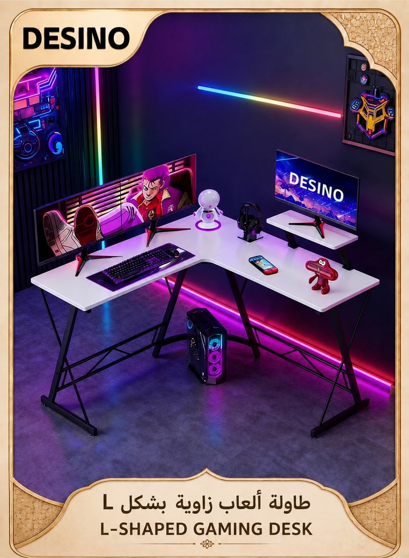 DESINO L-Gaming Desk, Computer Corner Desk, Large Home Office Desk, Gaming Table, Sturdy Writing Desk, Modern Study Table, Simple Office Workstation, 130*75*50cm（White） - Image 1