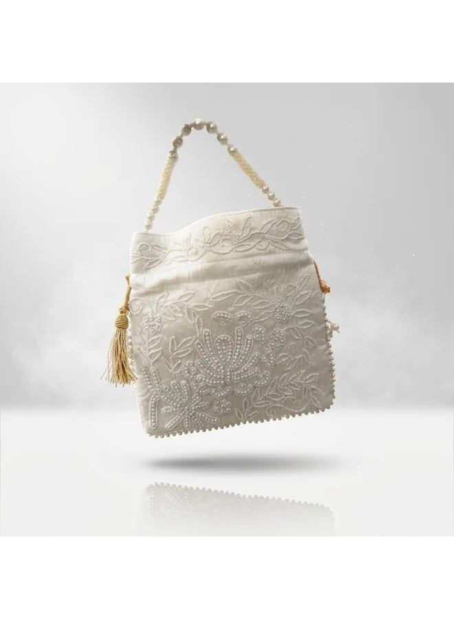Mobcos Mobcos White Pearl Floral Print Potli Bag Mobcos White Pearl Handcrafted Indian Embroidered Mirror Work Potli Bag for Women | Premium Silk Blend Ethnic Drawstring Handbag with Pearl Handle | Wedding, Bridal, Party & Festive Purse for Women | Best Price UAE