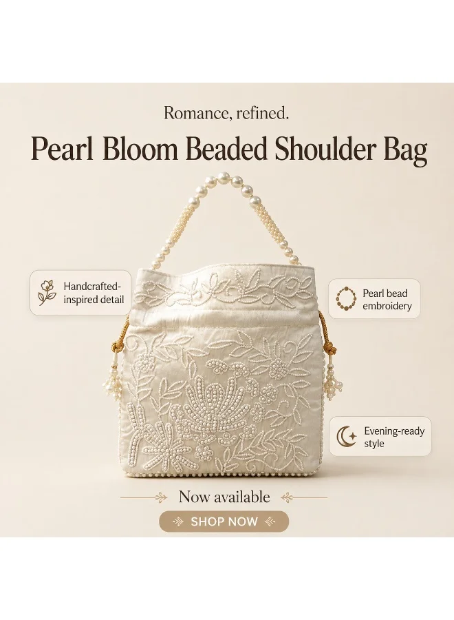 Mobcos Mobcos White Pearl Floral Print Potli Bag Mobcos White Pearl Handcrafted Indian Embroidered Mirror Work Potli Bag for Women | Premium Silk Blend Ethnic Drawstring Handbag with Pearl Handle | Wedding, Bridal, Party & Festive Purse for Women | Best Price UAE
