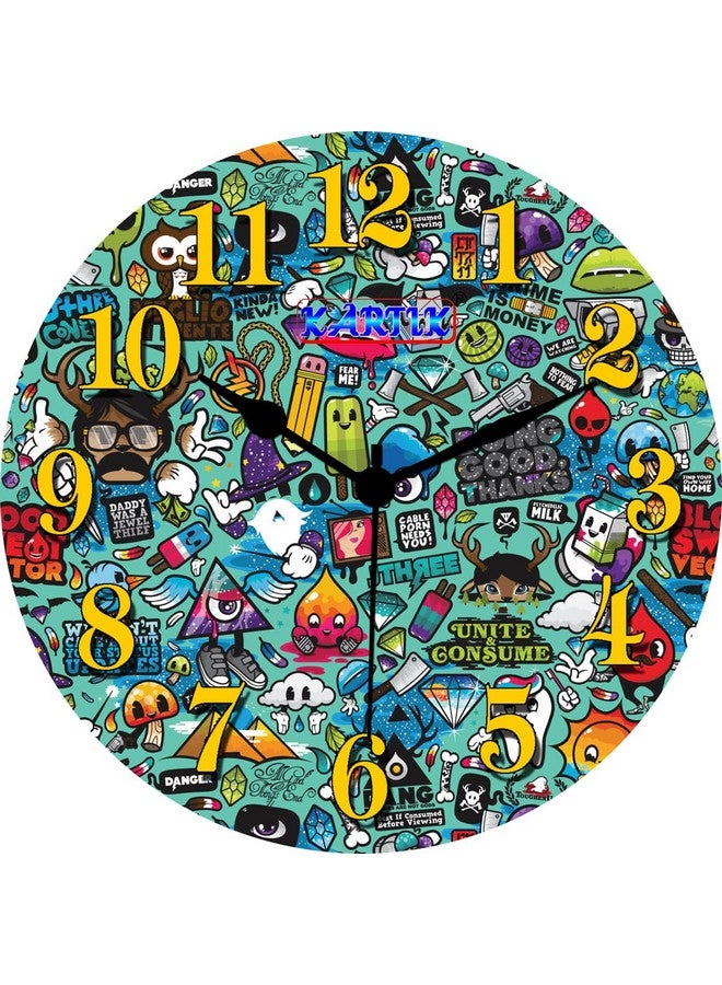 KARTIK™ Unique Cartoons Printed Designer Round Wooden Wall Clock Without Glass for Your Home/Living Room/Bedroom/Kitchen and Office (Multicolor, 11X11 inches) - Image 1