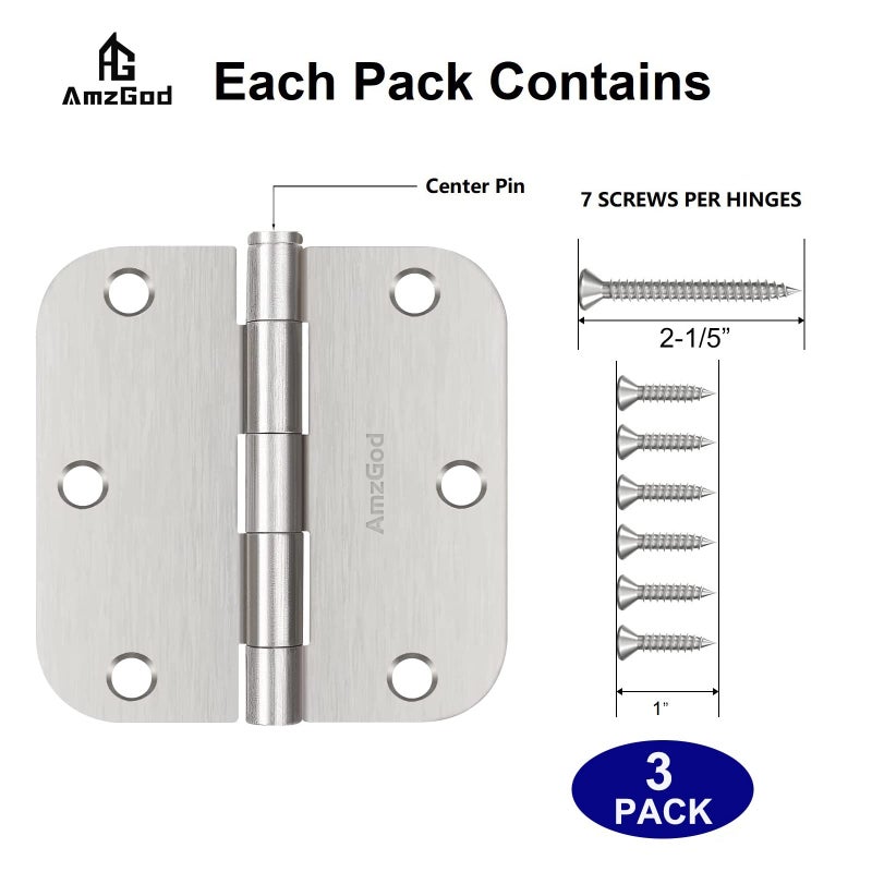 AmzGod Door Hinges Brushed Nickel - 3 Pack Satin Nickel 3.5 Inch Rounded Interior Door Hinges with 5/8" Radius - Flat Iron Residential Standard 3 1/2 Inches Silver Door Hardware - Image 3