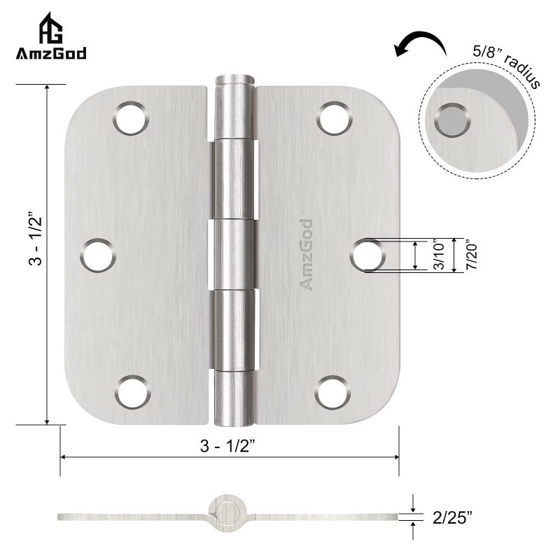 AmzGod Door Hinges Brushed Nickel - 3 Pack Satin Nickel 3.5 Inch Rounded Interior Door Hinges with 5/8" Radius - Flat Iron Residential Standard 3 1/2 Inches Silver Door Hardware - Image 5