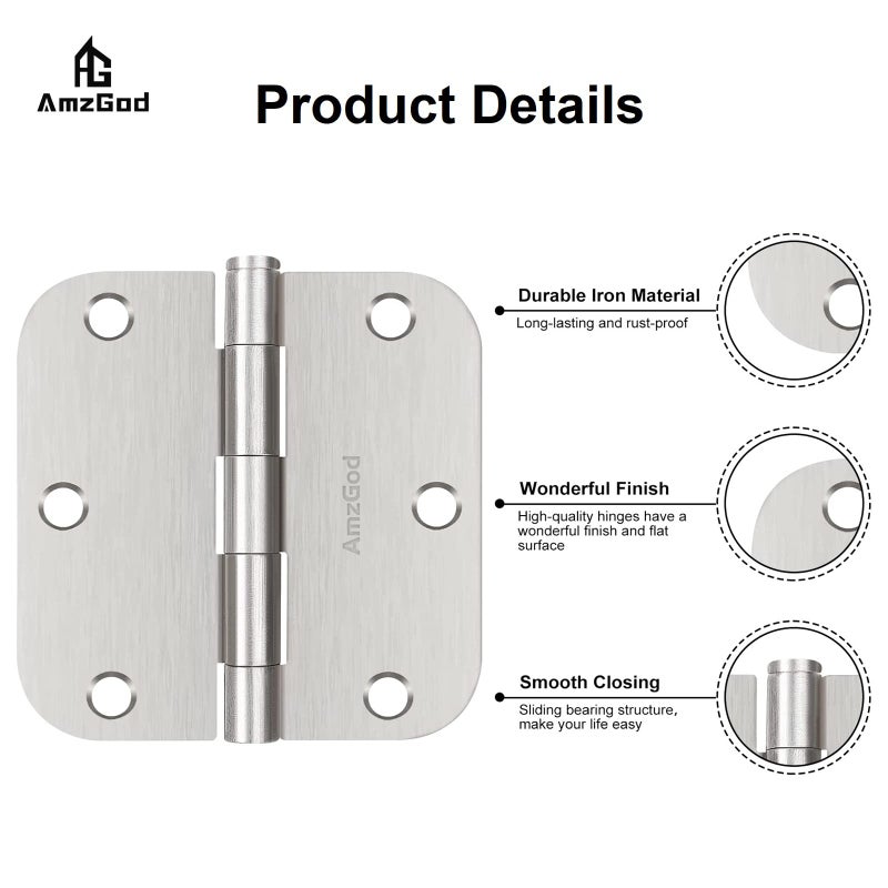 AmzGod Door Hinges Brushed Nickel - 3 Pack Satin Nickel 3.5 Inch Rounded Interior Door Hinges with 5/8" Radius - Flat Iron Residential Standard 3 1/2 Inches Silver Door Hardware - Image 4