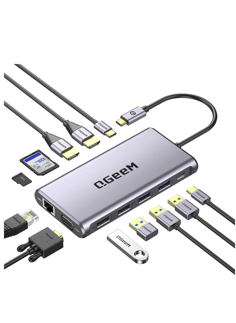 ماركة غير محددة قاعدة شحن لابتوب 12 في 1 بمنفذ USB C وشاشة مزدوجة نوع ثلاثية الشاشة مع منفذ HDMI مزدوج 4K VGA 100 واط PD ايثرنت 4 SD/TF متوافقة ماك بوك وويندوز رمادي  - Image 1