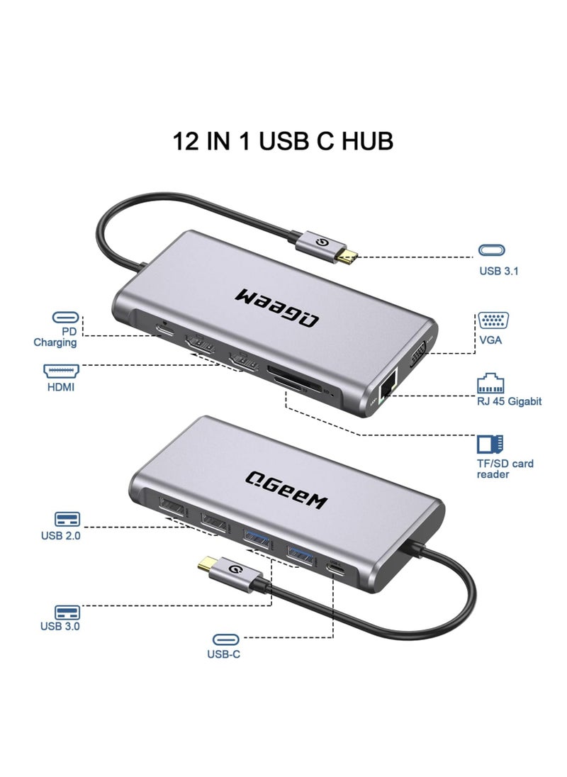 ماركة غير محددة قاعدة شحن لابتوب 12 في 1 بمنفذ USB C وشاشة مزدوجة نوع ثلاثية الشاشة مع منفذ HDMI مزدوج 4K VGA 100 واط PD ايثرنت 4 SD/TF متوافقة ماك بوك وويندوز رمادي  - Image 2