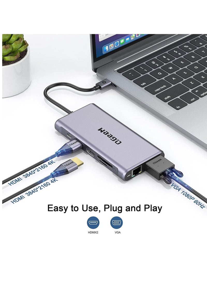 ماركة غير محددة - قاعدة شحن لابتوب 12 في 1 بمنفذ USB C وشاشة مزدوجة نوع ثلاثية الشاشة مع منفذ HDMI مزدوج 4K VGA 100 واط PD ايثرنت 4 SD/TF متوافقة ماك بوك وويندوز رمادي - Image 1