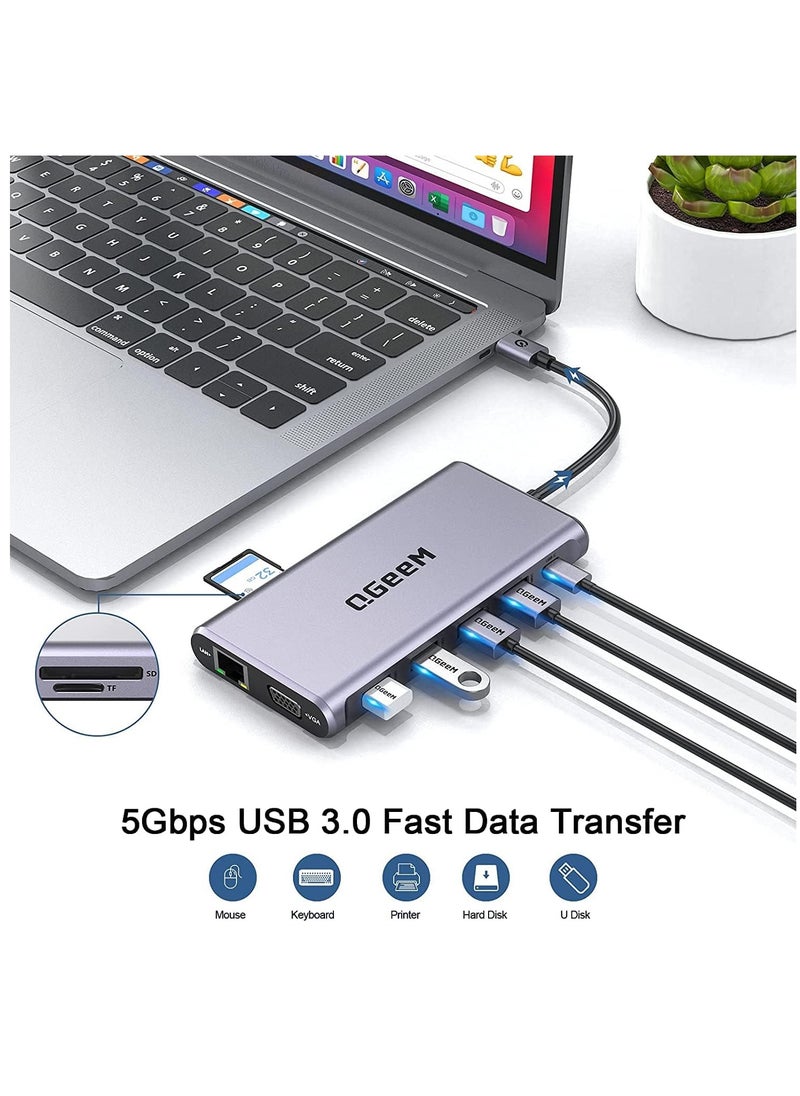 ماركة غير محددة قاعدة شحن لابتوب 12 في 1 بمنفذ USB C وشاشة مزدوجة نوع ثلاثية الشاشة مع منفذ HDMI مزدوج 4K VGA 100 واط PD ايثرنت 4 SD/TF متوافقة ماك بوك وويندوز رمادي  - Image 5