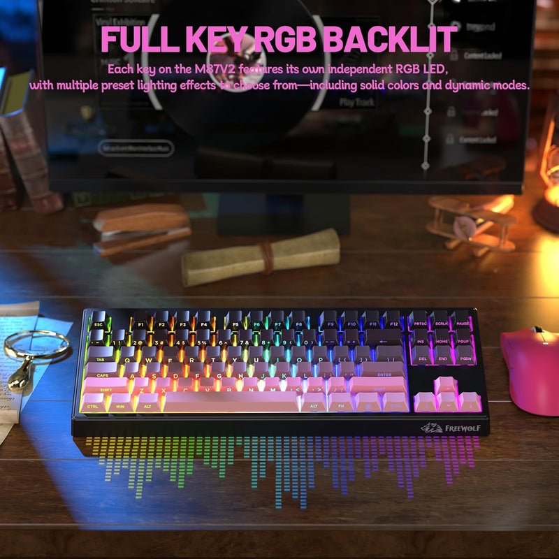 Free wolf FREEWOLF M87V2 Wireless Gaming Keyboard, Tri-Mode BT/2.4G/Wired, Quiet & Gentle, 4000mAh, Side Print Keycaps, QWERTY US, Anti-Ghosting, 16M RGB, for Mac/Win - Image 5