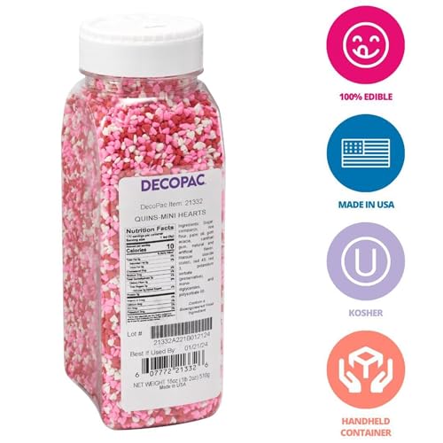DECOPAC Valentine's Day Quins, 18oz, Fancy Sprinkles In Heart Shapes, Candy Sprinkles in Handheld Container, Edible Sprinkles For Celebration Cakes, Cupcakes, Cookies - Image 2