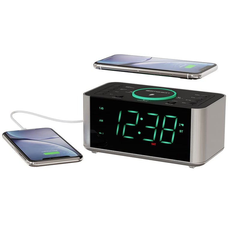 Emerson ER100202 Smartset Dual Alarm Clock Radio with USB Port and QI Wireless Phone Charger with Bluetooth All Qi Compatible Phones