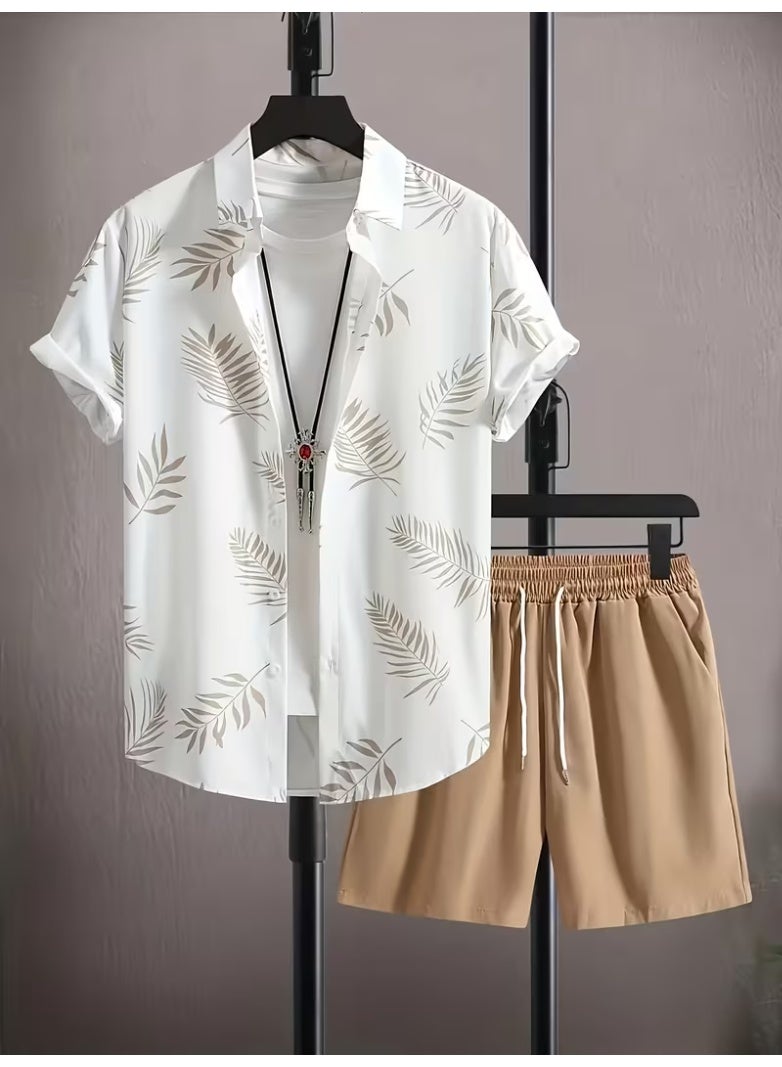 Men'S Casual Two-Piece Summer Outfit - Leaf Print Button-Up Shirt with Drawstring Shorts, Light Brown and White, Polyester, Relaxed Fit, Perfect for Beach or Casual Attire, Beach Attire|Tropical Print|Polyester Fabric - Image 1