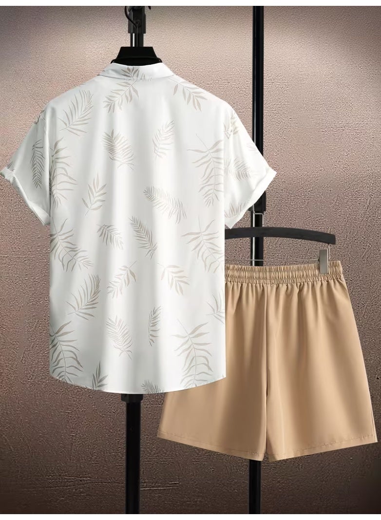 Men'S Casual Two-Piece Summer Outfit - Leaf Print Button-Up Shirt with Drawstring Shorts, Light Brown and White, Polyester, Relaxed Fit, Perfect for Beach or Casual Attire, Beach Attire|Tropical Print|Polyester Fabric - Image 2
