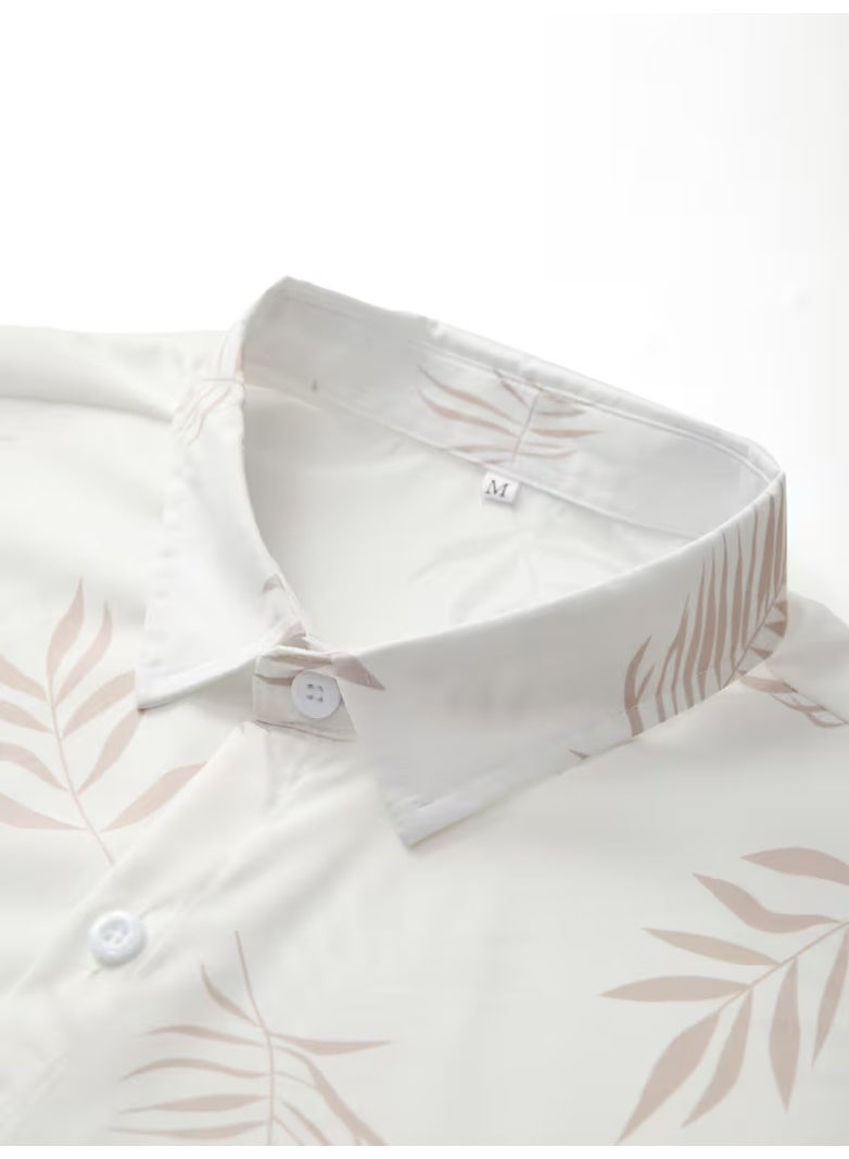 Men'S Casual Two-Piece Summer Outfit - Leaf Print Button-Up Shirt with Drawstring Shorts, Light Brown and White, Polyester, Relaxed Fit, Perfect for Beach or Casual Attire, Beach Attire|Tropical Print|Polyester Fabric - Image 3