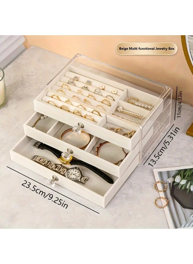 "Elegant 3-Tier Jewelry Organizer Box with Clear Lid - Adjustable Compartments for Earrings, Rings, Necklaces & Watches | Dustproof, Scratch-Resistant & Space-Saving Design (Black)" - Image 2