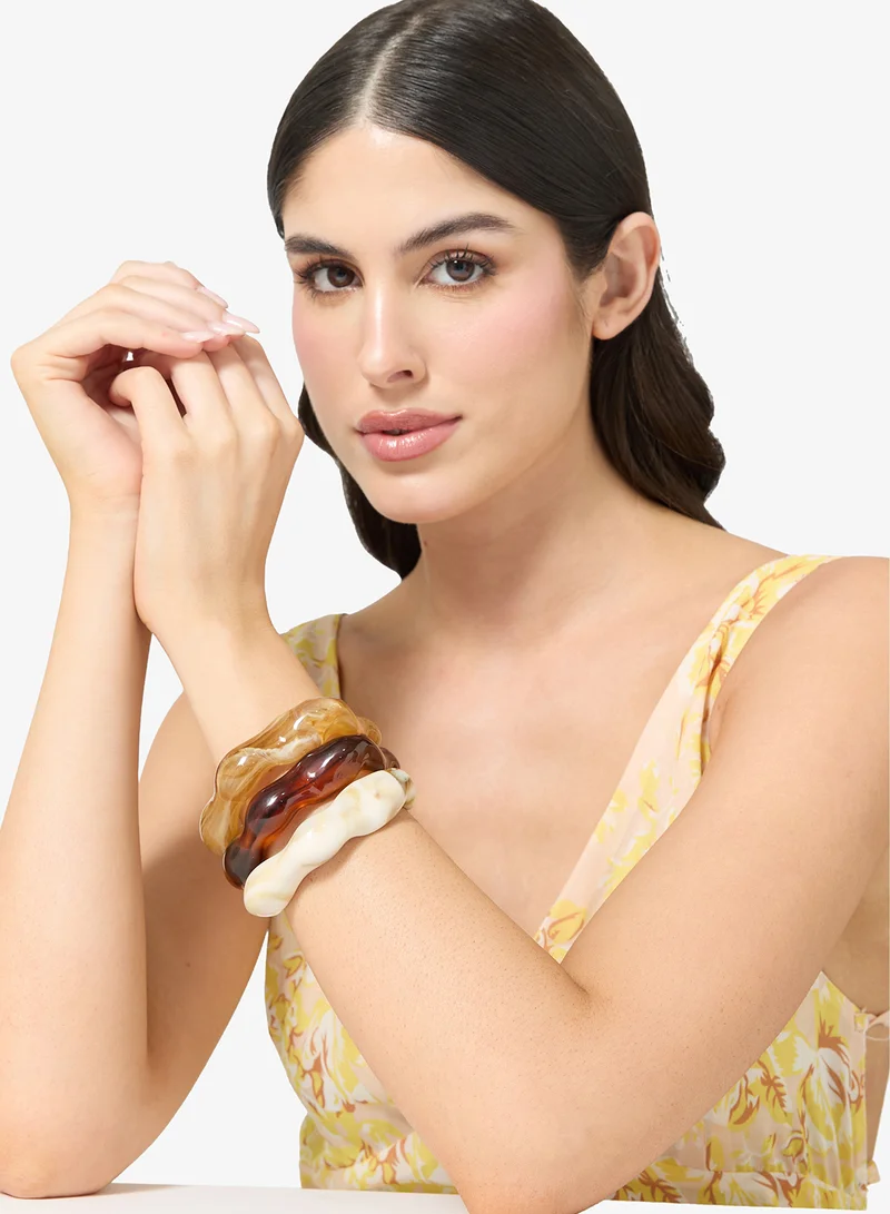 Ginger Brown, Cream, Beige 3PK Resin Asymetrical Bangles for Women | Best Price UAE