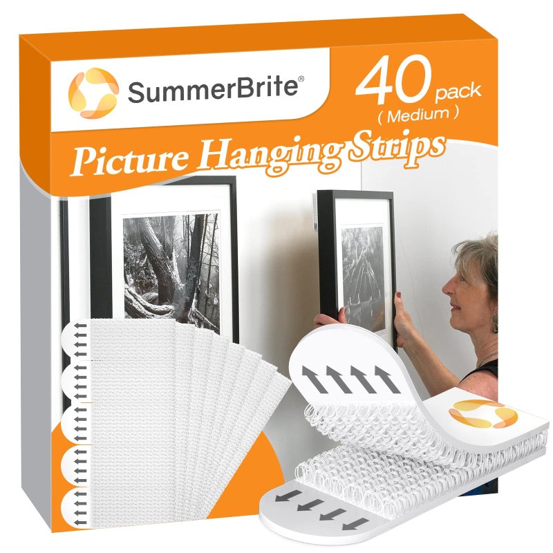 SummerBrite Picture Hanging Strips 40 Strips, Damage Free Removal, Wall Poster Picture Hangers Without Nails, Sticky Hook & Loop Adhesive Strips for Poster/Picture/Home/Office, 20 Pairs/Medium, White - Image 1