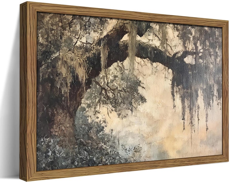AKWISH Framed Cottagecore Canvas Wall Art, Vintage Live Oak Tree Pictures Print, Charleston Spanish Moss Oil Paintings, Farmhouse Savannah Southern Wall Decor for Entryway Living Room â€“ 16x24 inch - Image 1