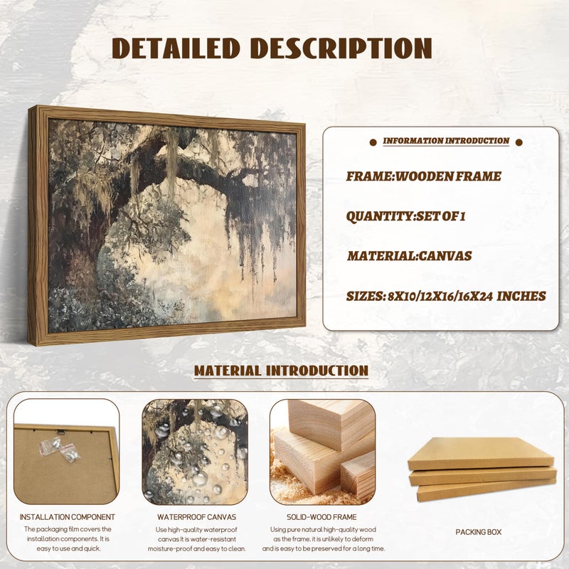 AKWISH Framed Cottagecore Canvas Wall Art, Vintage Live Oak Tree Pictures Print, Charleston Spanish Moss Oil Paintings, Farmhouse Savannah Southern Wall Decor for Entryway Living Room â€“ 16x24 inch - Image 5