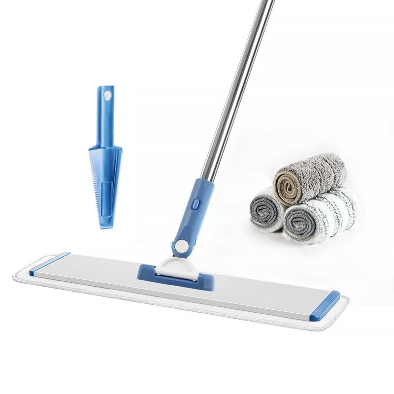 CQT Commercial Flat Microfiber Floor Mop Cleaning System 18 Inch Wet Dry and Dust Hardwood with 4 Washable Pads Cleaner for Laminate Tile Stainless Steel Handle and Extension PT13Blue