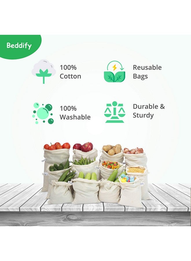 Beddify Cotton Set of 12 Reusable Fridge Storage Bags for Vegetables and Fruits Quality Multipurpose Eco Friendly Bags (4 Large, 4 Medium & 4 Small Size Bags) Drawstring - Image 3