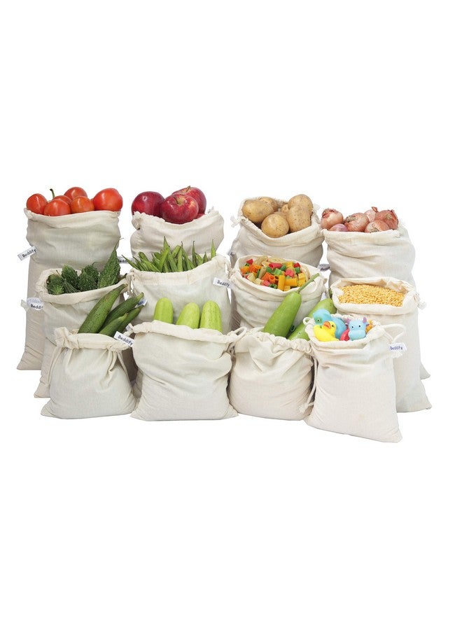 Beddify Cotton Set of 12 Reusable Fridge Storage Bags for Vegetables and Fruits Quality Multipurpose Eco Friendly Bags (4 Large, 4 Medium & 4 Small Size Bags) Drawstring - Image 1