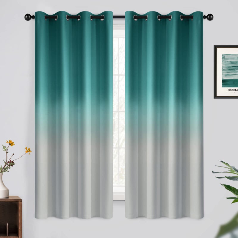 Yakamok Light Blocking Gradient Color Curtains Teal Ombre Blackout Curtains Room Darkening Thermal Insulated Grommet Window Drapes For Living Room/Bedroom (Teal 2 Panels 52X63 Inch) - Image 1