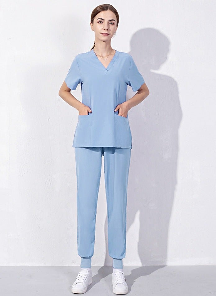 Loquat Medical Uniform Scrubs Set V-Neck Top and Loose Jogger Pants Suit Sky Blue - Image 1
