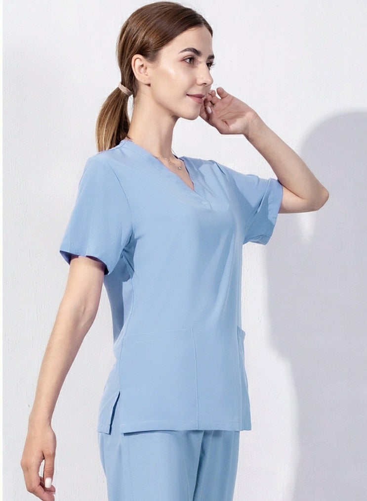 Loquat Medical Uniform Scrubs Set V-Neck Top and Loose Jogger Pants Suit Sky Blue - Image 2