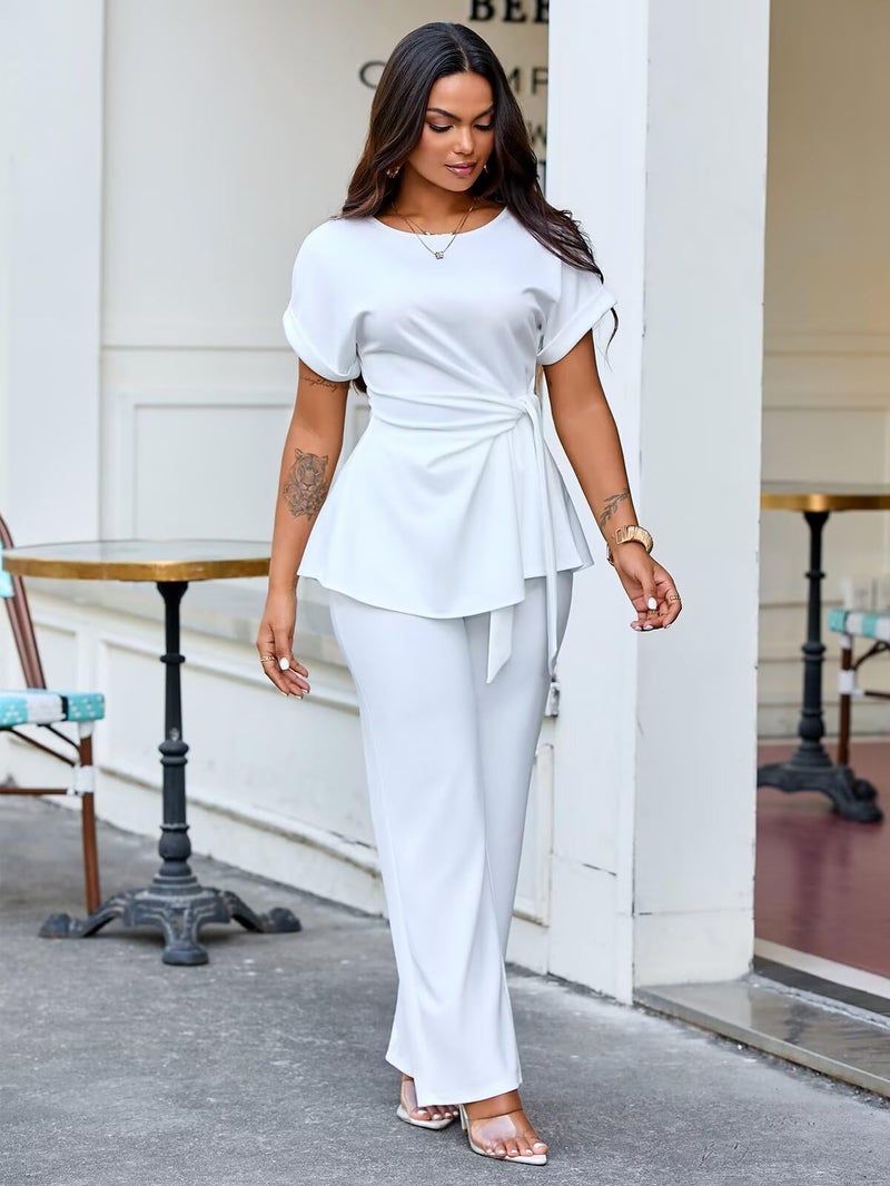 Ekaliy Women's 2 Piece Business Loose Outfits Sets Short Sleeve Ruffled Edge Top Matching Dressy Pants Suits White XL - Image 4