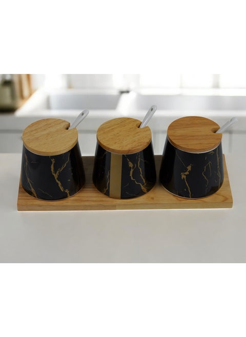 Modern Marble Pattern Spice Jars with Bamboo Lids and Spoons, Set of 3 with Wooden Base, Black and Gold