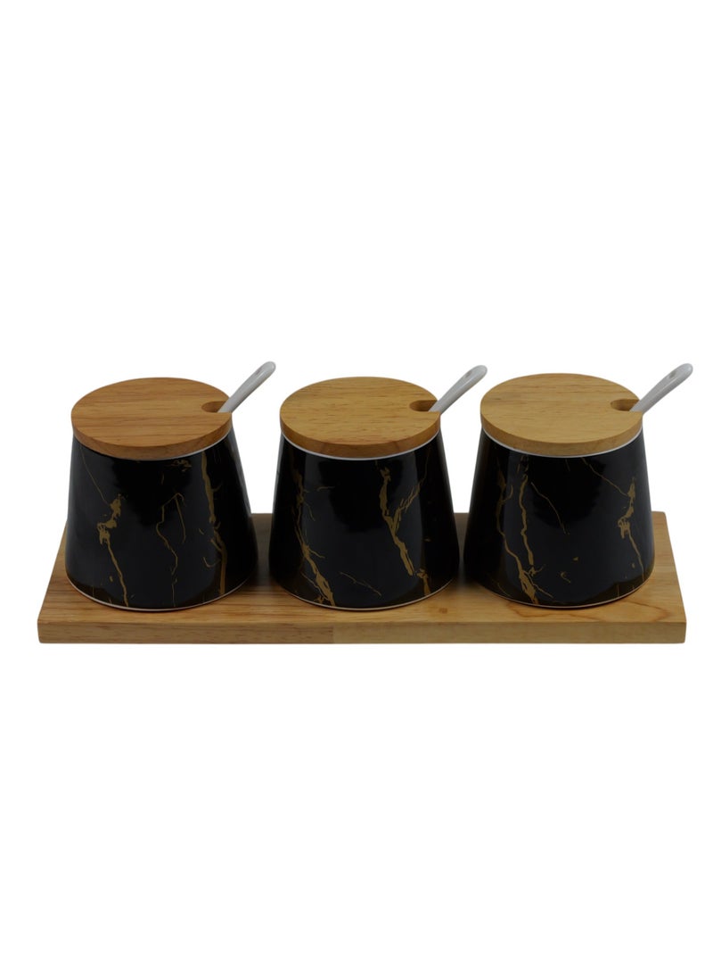 Modern Marble Pattern Spice Jars with Bamboo Lids and Spoons, Set of 3 with Wooden Base, Black and Gold
