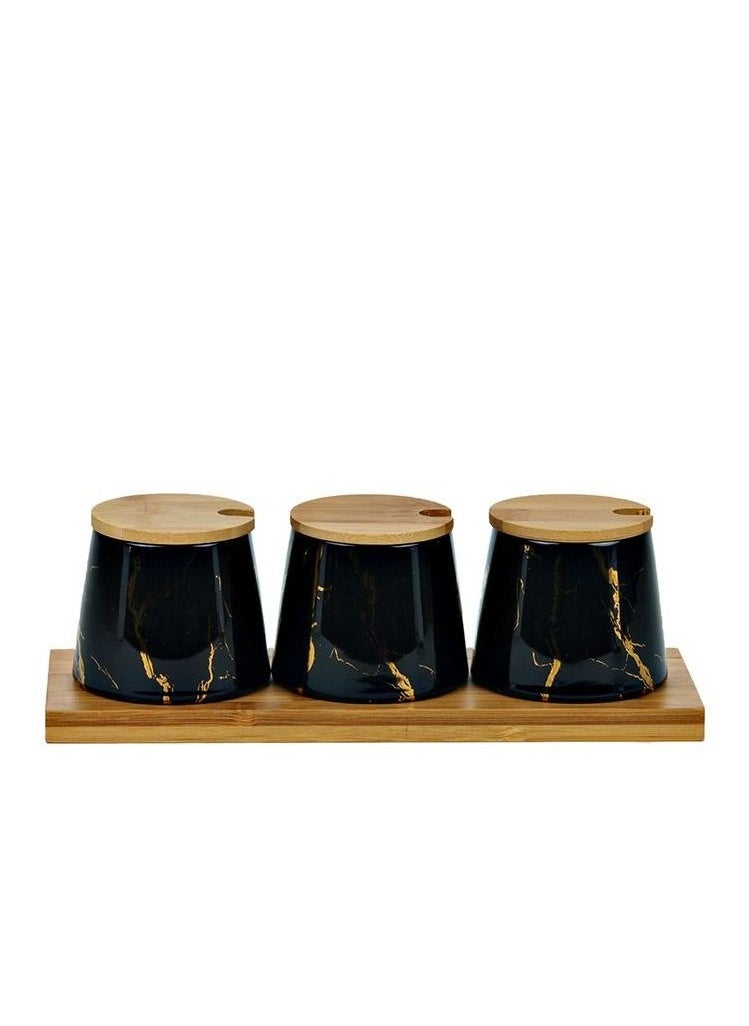 Modern Marble Pattern Spice Jars with Bamboo Lids and Spoons, Set of 3 with Wooden Base, Black and Gold