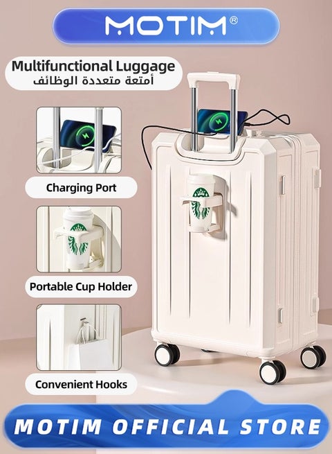 Travel Luggage Carry-On Luggage with USB and Type-C Charging Port & Cup Holder & Phone Holder & Side Hidden Hook & Spinner Wheels Multifunctional Carry On Suitcase Large Capacity Checked-in Luggage