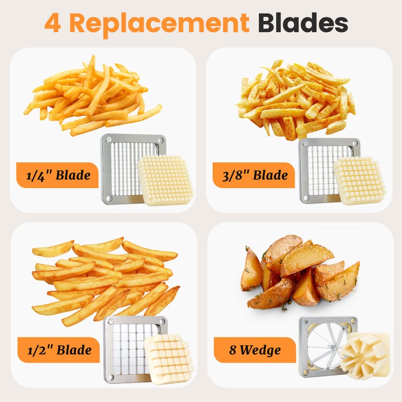 BIEAMA Commercial French Fry Cutter with 4 Replacement Blades, 1/2", 3/8", 1/4", 8 Wedge for Dice, Slice & Chop, Lemon Slicer & Vegetable Chopper - Image 3