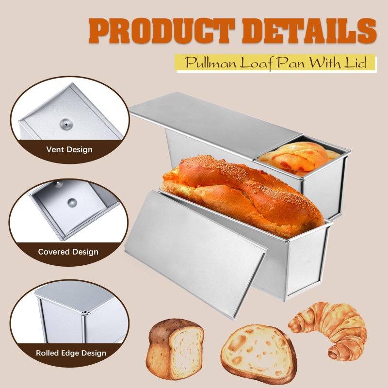 Tobeelec 2 Pack Pullman Loaf Pan with Lid, 13x4 Inch Large Capacity Bread Loaf Pan with Cover, Non-Stick Bakeware for Baking and Toasting - Image 3