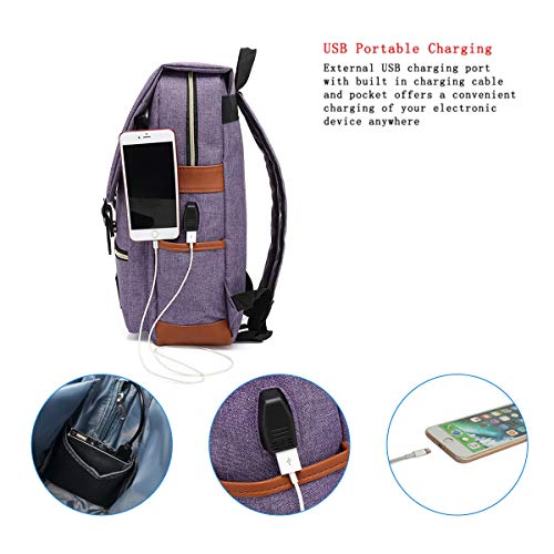 UGRACE Vintage Laptop Backpack with USB Charging Port, Elegant Water Resistant Travelling Backpack Casual Daypacks College Shoulder Bag for Men Women, Fits up to 15.6Inch Laptop in Purple - Image 3