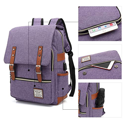 UGRACE Vintage Laptop Backpack with USB Charging Port, Elegant Water Resistant Travelling Backpack Casual Daypacks College Shoulder Bag for Men Women, Fits up to 15.6Inch Laptop in Purple - Image 5