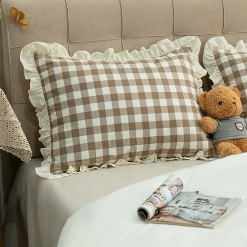 GLORY SEASON Pillow Shams Set of 2 YarnDyed Pure Cotton Retro Ruffle Flounces Trim Brown Check Decorative Pillow Cases for Home Bedroom Decor Standard 20x26 Inch - Image 3