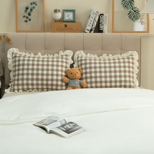GLORY SEASON Pillow Shams Set of 2 YarnDyed Pure Cotton Retro Ruffle Flounces Trim Brown Check Decorative Pillow Cases for Home Bedroom Decor Standard 20x26 Inch - Image 1