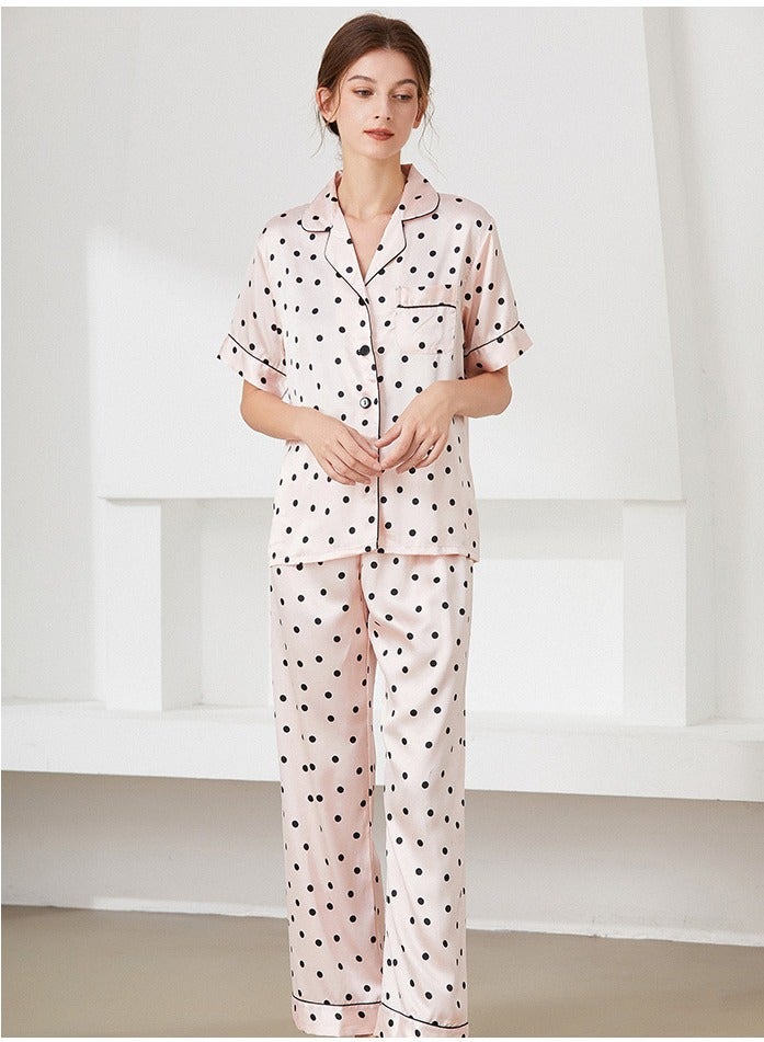 Loquat Women's Imitation Silk Dots 2-Piece Set Nightgown Sleepwear Short Sleeve Lapel Top And Pants Soft Loungewear Pajamas Suit Black/Pink 