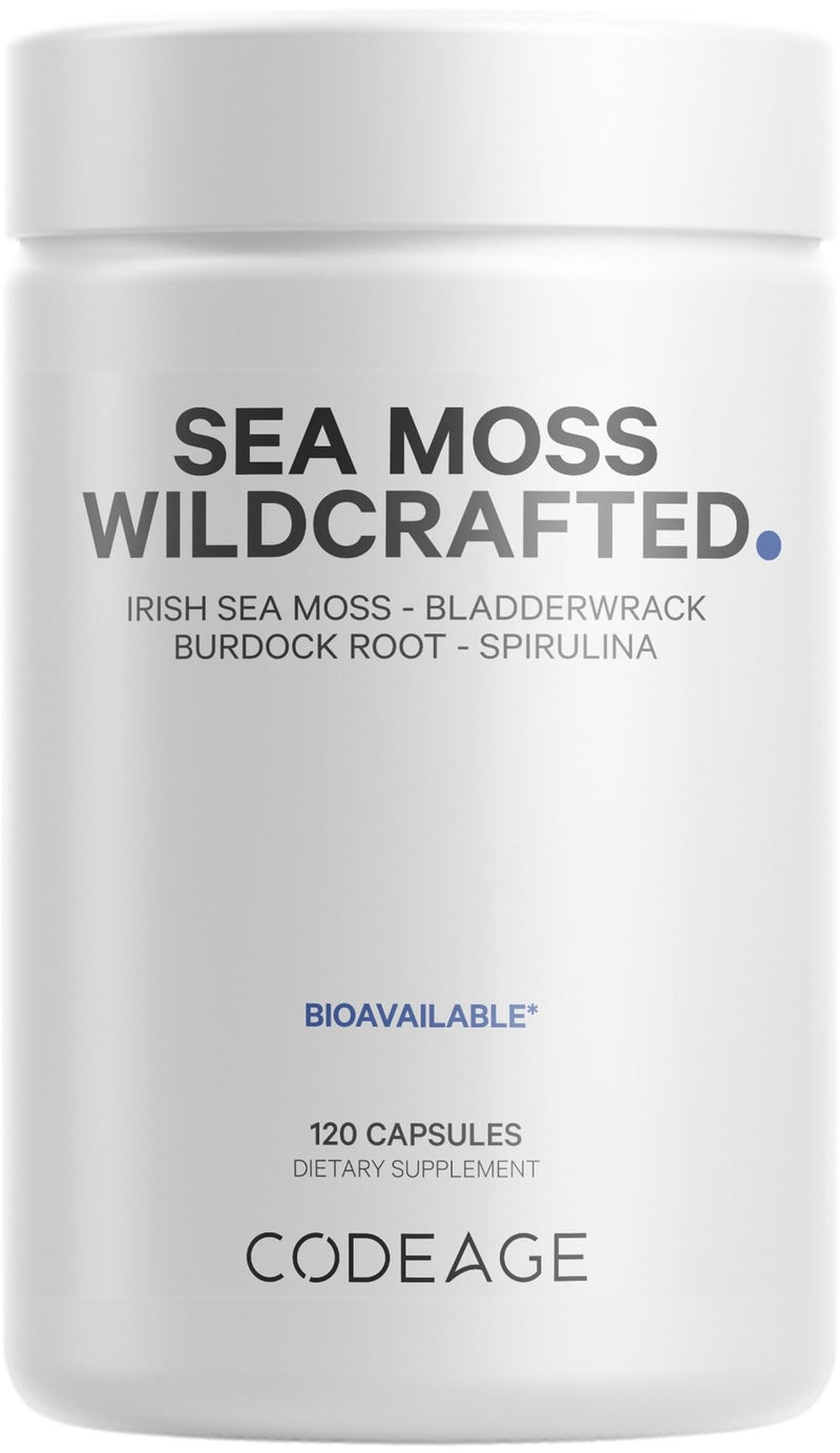 Codeage Raw Wildcrafted Irish Sea Moss Supplement Spirulina Algae Bladderwrack Seaweed Burdock Root Black Pepper Vegan NonGMO 120 Capsules
