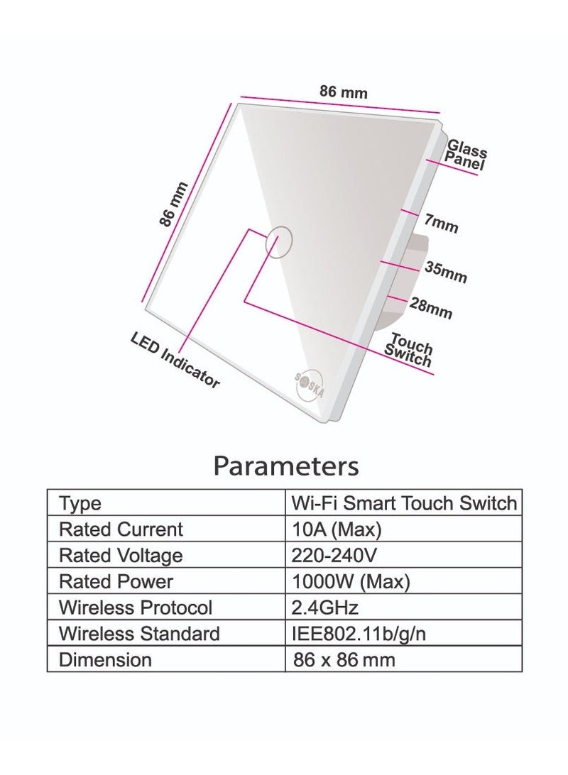 SASKA Smart Tuya Wifi Touch Light Switch (SJ-A1) Smartlife App Remote Control, Timing Function Voice Control Compatible with Voice Assistants, Google Home - No Neutral No Hub Needed (1 Gang, White) - Image 2