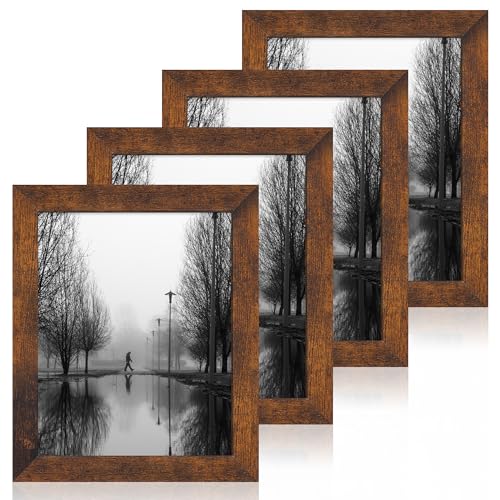 iRahmen 8x10 Picture Frame Set of 4, High Definition Glass 8 x 10 Frame, Wood Rustic Photo Frames for Horizontal or Vertical Display Tabletop and Wall Mounting - Image 1