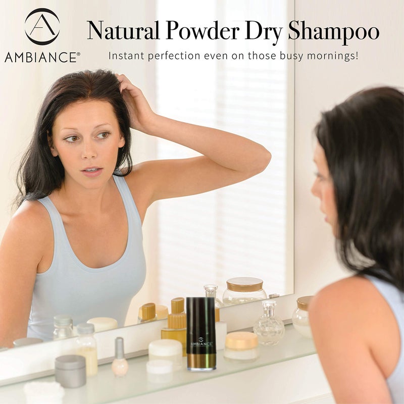Ambiance Natural Dry Shampoo Powder & Brush for Dark Hair - Non Aerosol Travel Size Brunette Tinted Shampoo - Non Toxic, Benzene Free - Volumizing, Refreshes Oily Hair & Covers Roots Between Colorings - Image 3