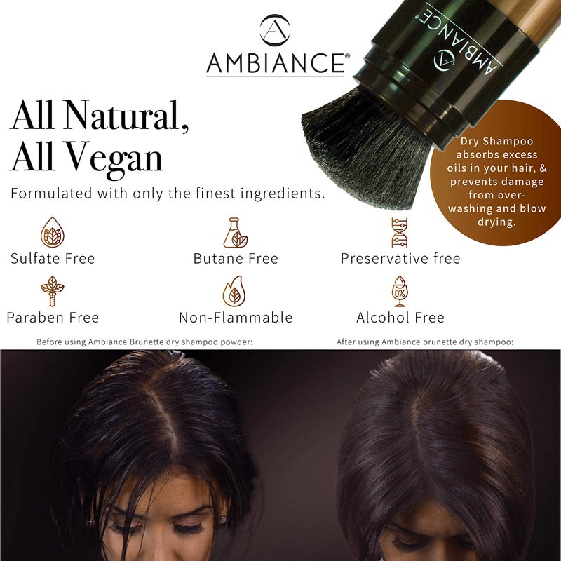 Ambiance Natural Dry Shampoo Powder & Brush for Dark Hair - Non Aerosol Travel Size Brunette Tinted Shampoo - Non Toxic, Benzene Free - Volumizing, Refreshes Oily Hair & Covers Roots Between Colorings - Image 2