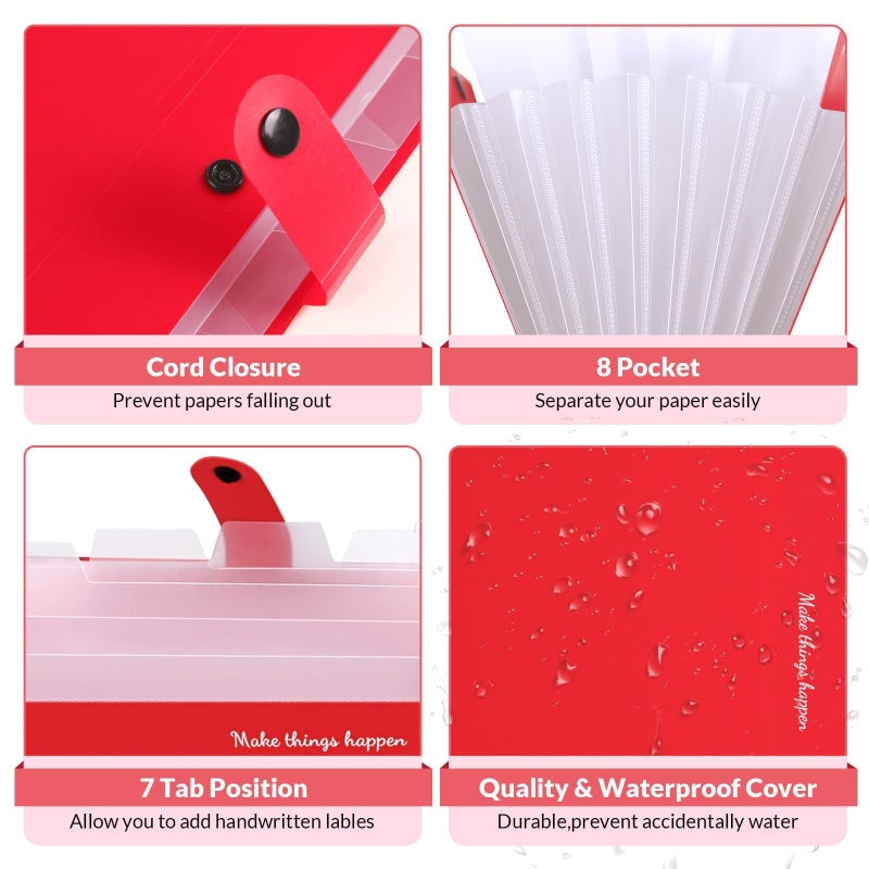 SKYDUE 8 Pockets Expanding File Organizer, Expandable File Folders with Pockets, Portable Document Paper Organizer, A4 Letter Size Filing Folder, Snap Closure, Red - Image 4